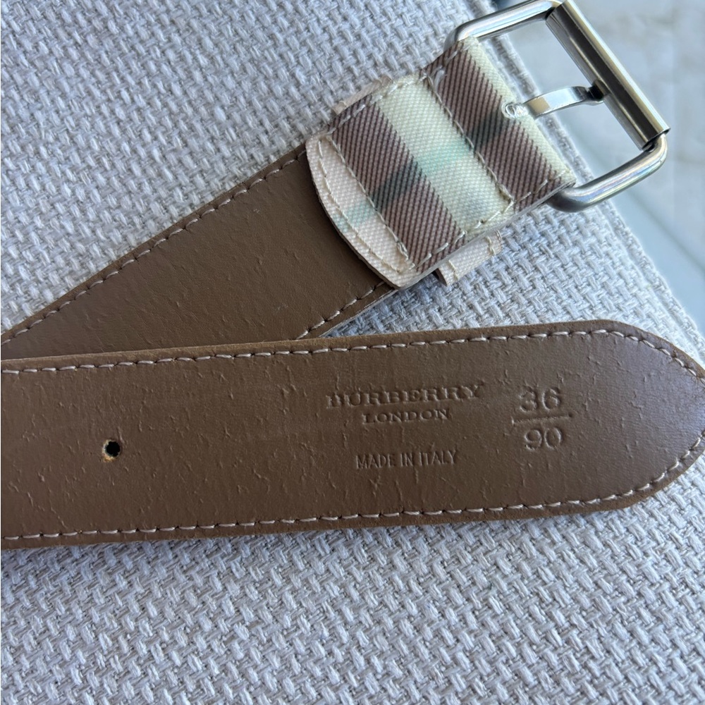 Burberry Tan Leather Belt with Plaid Accent